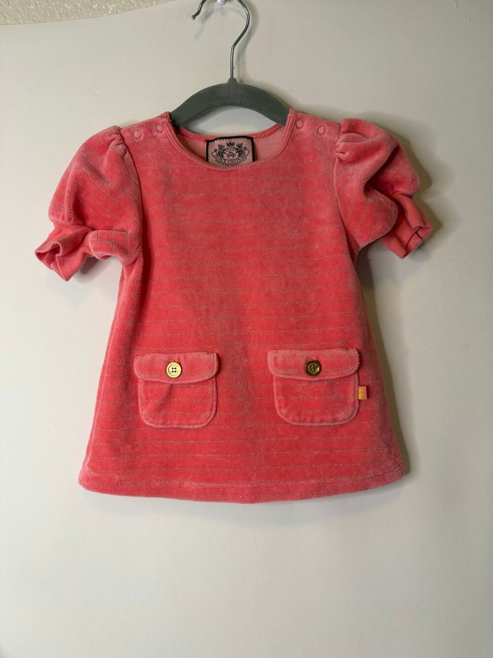 Juicy Couture Pink Gold Velour Stripe Mini Dress Top Puff Sleeve Baby 6-12m
